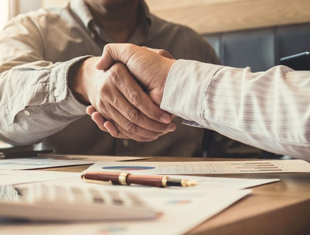 Business handshake between clients and advisor after successful home financing agreement, representing trust and partnership in the San Antonio home financing process.