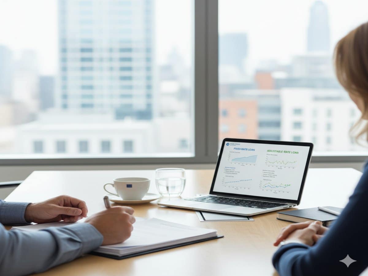 Agent presenting market data on a laptop to a client during a real estate meeting