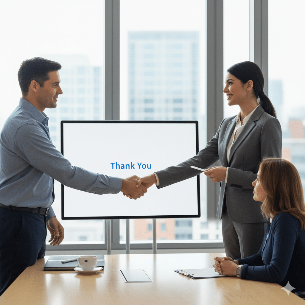 Two real estate professionals shaking hands during a meeting with a client