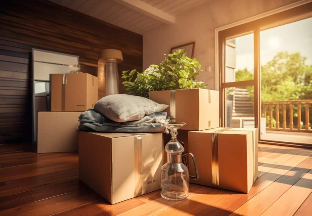 Warm modern interior Sunlit interior of a wooden-floored room with stacked moving boxes, a folded blanket and a pillow, and a potted plant; useful imagery for blog posts or guides about real estate investing in San Antonio, moving, or preparing a property for sale.