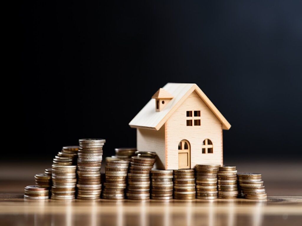 Home value and savings concept Stacks of coins beside a wooden house model representing real estate investment in boerne TX.