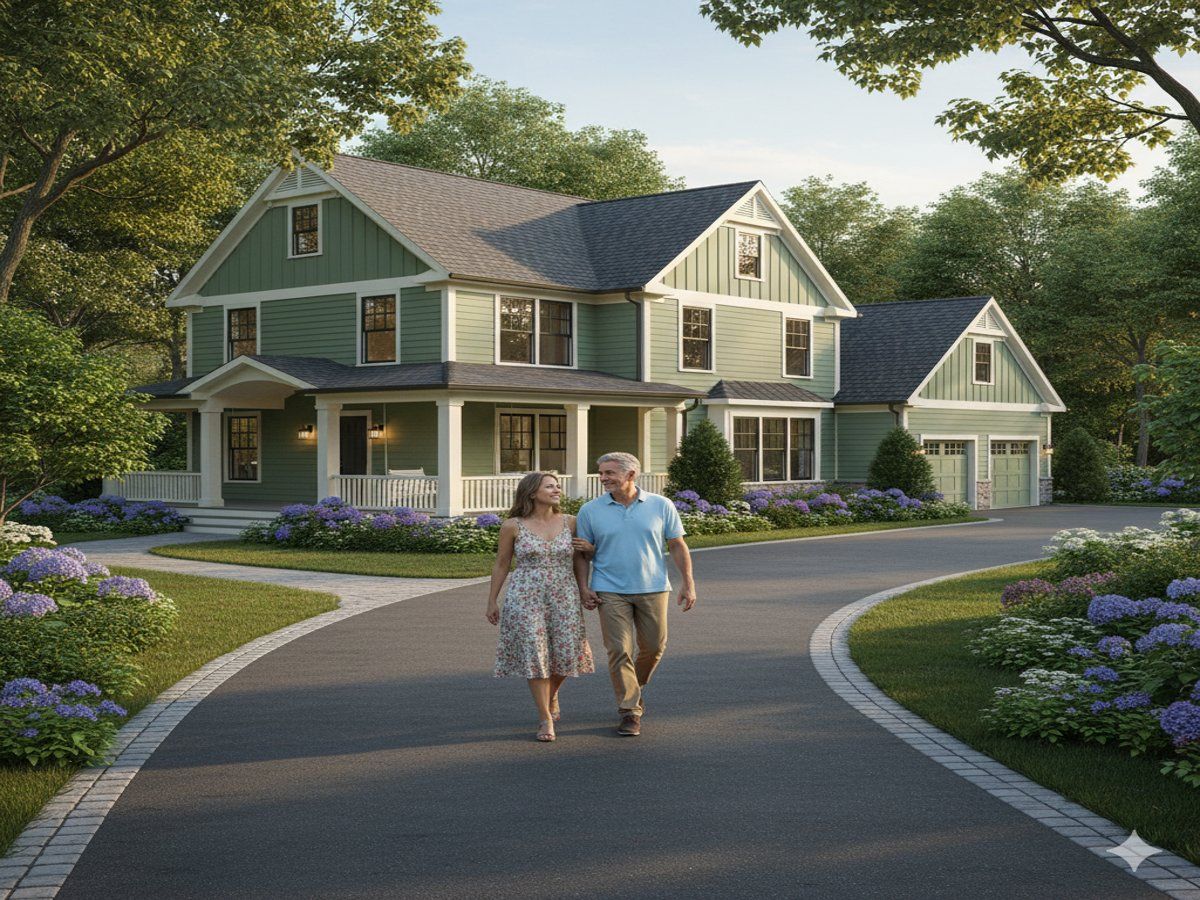 Senior couple walking in front of their countryside home surrounded by trees, symbolizing USDA rural loan opportunities.
