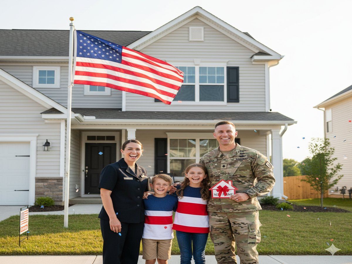 Military family standing proudly in front of their new home, celebrating approval for a VA loan.